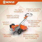 NOVUS 18-Inch Dual Direction Rear Tine Tiller, 212cc 4-Cycle Gas Engine, Full Gear Transmission, Dual Rotating Tines, Airless Tires Gas Tiller for Small to Large Gardens