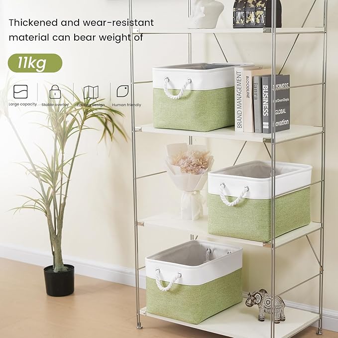 Large Storage Baskets- 15x11x10 inch Storage Bins for Shelves and Closet Organizing, Foldable Fabric Bin for Home Organization Clothes and Laundry (1-Pack, White&Green)