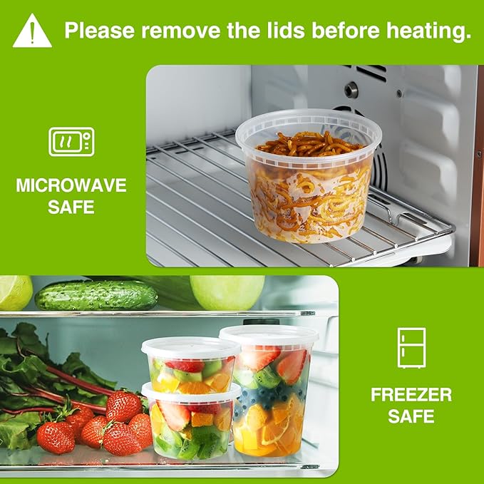 NEEBAKE 16 Oz Deli-Containers-with-Lids - 60 Set Plastic Food-Storage-Containers-with-Lids, Microwaveable & Freezer Safe To-Go-Containers, Leak-proof Soup Overnight Oats Meal-Prep-Containers