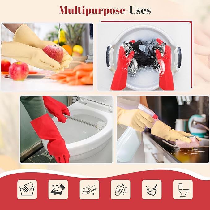 Rubber Cleaning Gloves for Dishwashing - 4 Pairs Kitchen Gloves for Washing Dishes, Reusable Household Gloves for Bathroom, Gardening (Small, Red & Beige, 2 Pairs of Each Color)