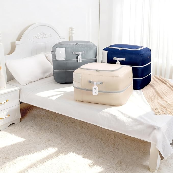 Comforter Storage Bag - 110L Large Capacity Blanket Storage Bags Ultra Space Saving Self Compression Organizer, Washable Compression Bags for Storage Comforter Blanket, 4-Pack, Navy Blue