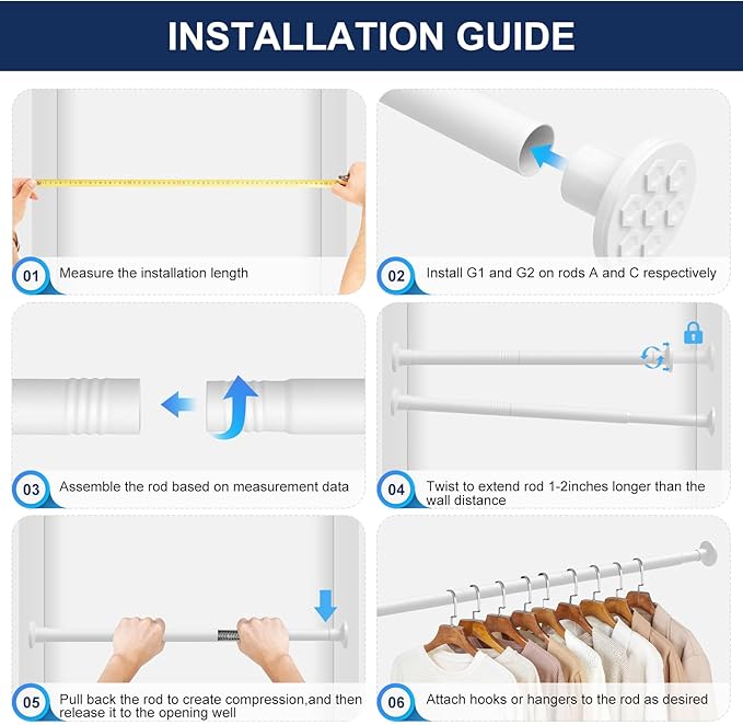 No Drilling Closet Rod, 27.5-82 Inches Hanging Closet Rod for Clothes, Closet Bar & Pole Heavy-duty, Closet Rods for Hanging Clothes For Closet Wardrobes Bathroom Laundry RV Curtains,White