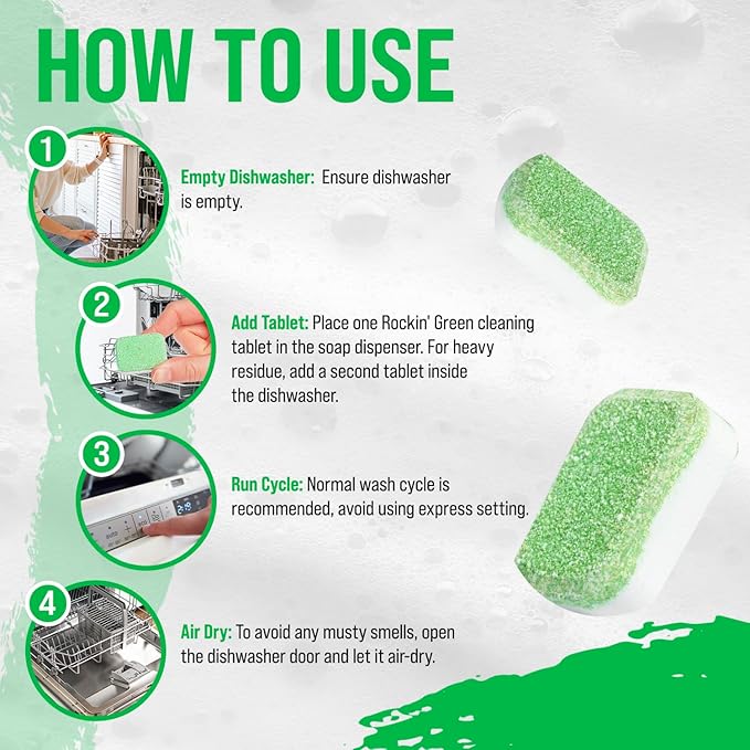 Rockin' Green Deep Cleaning and Deodorizing Tablets for Dishwashers, Washing Machines, and Garbage Disposals, Removes Odor and Residue (Dishwasher Cleaning Tablets, 8 Pack)