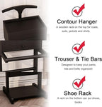 Brefhome Luxury Mens Valet Stand with Storage Drawer & Jewelry Tray, Executive Wooden Clothes Rack for Men Women, Garment Organizer for Suit, Tie, Pant, Watch & Phone, Black (Box + Drawer)