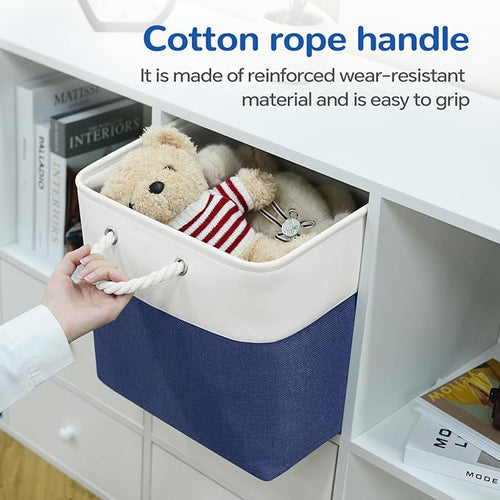 13 x 13 Inch Cube Storage Bins, 6 Pack Fabric Storage Basket with Handles, Foldable Boxes Organizer for Shelf Baskets for Home, Clothes (White/Blue)