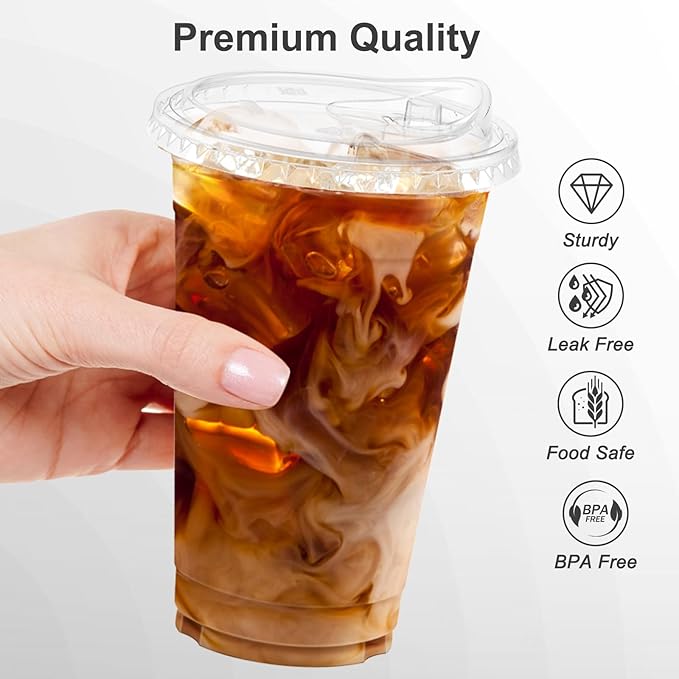 100 Pack - 20 oz Clear Plastic Cups with Lids, Sturdy & Food Safe Iced Coffee Cups with lids, Disposable Plastic Smoothie Cups for Cold Drinks, Sip Lids