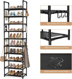 VTRIN 10 Tiers Tall Shoe Rack Holds 20-25 Pairs of Shoes Sturdy Vertical Shoe Organizer with 18pcs Hooks Stackable Narrow Shoe Rack for Closet, Entryway Black