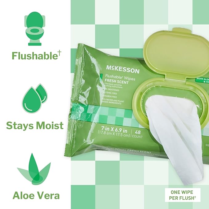 McKesson Flushable* Adult Wet Wipes – 576 Wipes (12 Pack of 48) – Aloe & Vitamin E, Plant-Based Cleansing Wipes, Scented