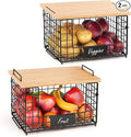 2 Set XL Wire Storage Basket with Bamboo Tops & Tags for Potato and Onion, Stackable Kitchen Counter Organizers for Pantry Organizer and Storage, Metal Storage Bins for Fruit Veggies Snack Can