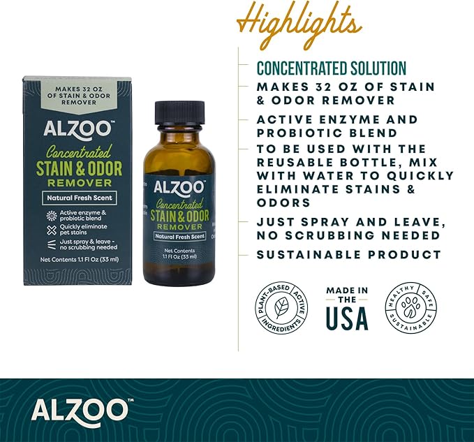 ALZOO Concentrated Stain & Odor Remover Refill Bottle, 100% Plant-Based Active Ingredients, 1.1 Fl. Oz