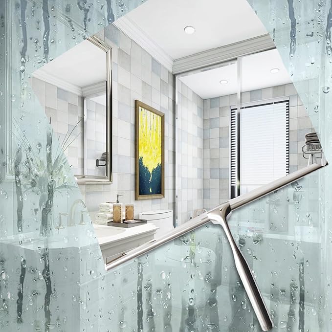 Shower Squeegees Stainless Steel with Self Adhesive Hook Window Squeegees for Shower Doors Bathroom Mirror Wiper, Window Glass Cleaning