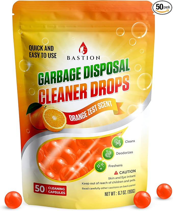 Bastion Garbage Disposal Cleaner and Deodorizer Drops- [[50-Count]] Orange Zest Scented Kitchen Sink Freshener Pods & Drain Odor Eliminator Disposer Care Balls