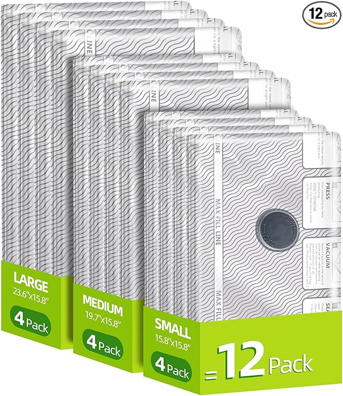 12 Pack Travel Vacuum Bags for Clothing,Compression Seal Packing Cubes for Suitcase Backpack,Vacuum Seal Bags for Clothing,Carry-on Size Space Saver Storage Bags 80% for Travel & Home(No pump)