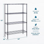 Honey-Can-Do 4-Tier Heavy-Duty Adjustable Shelves, Metal Storage Rack with 350-lb Shelf Capacity, Black, 18" W x 48" L x 72" H