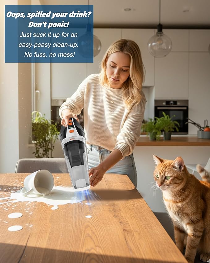 Handheld Vacuum Cordless, Brushless Car Vacuum Cleaner with 12000PA Powerful Suction, 2 Suction Modes Mini Hand Vacuum, Dry & Wet, Portable Vacuum for Car Pet Hair, Home, Office, Keyboards