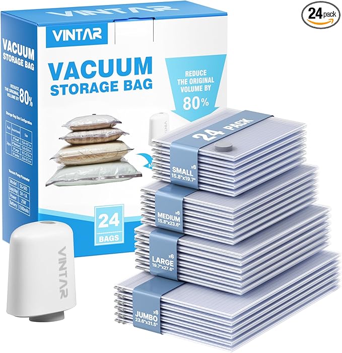 Travel Vacuum Seal Bags for Clothing with Rechargeable Cordless Pump, VINTAR 24 Pack (6J+6L+6M+6S) Carry-on Size Space Saver Vacuum Storage Bags, Compression Packing Bags for Luggage and Suitcase