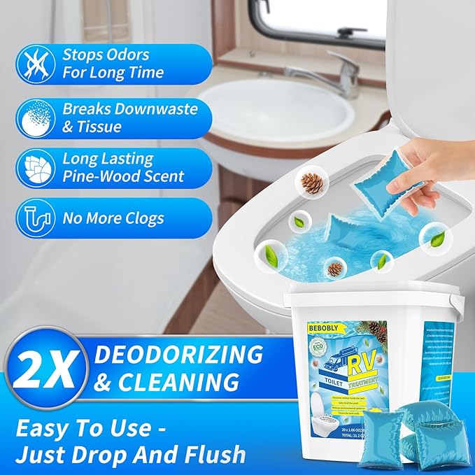 RV Toilet Treatment Drop Ins, Extra Strength Septic Tank Treatment & Cleaner, Waste Breakdown/Odor Control, RV Black Tank Treatment for RVs, Boats & Portable Toilets (20 Pack)