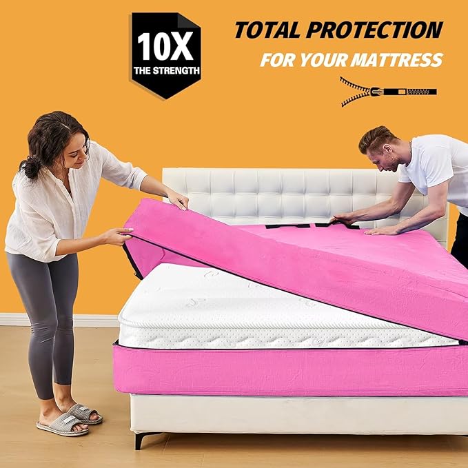 Mattress Bags for Moving, BETU Mattress Protector Waterproof Mattress Cover King Size Storage Bags with 8 Heavy-Duty Handles and Zipper for Bed Extra Thick Large Reusable (82"x79"x15" Pink)