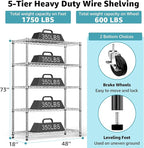 M MZG 5-Shelf Storage Shelves,Wire Shelving Heavy Duty Metal Storage Shelving Unit Adjustable Garage Shelving Rack Pantry Kitchen (Chrome, 5 Tier,17.7" D x 47.2" W x 76.7" H)