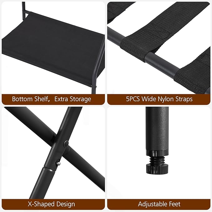 AMHANCIBLE Luggage Rack, Set of 2, Foldable Suitcase Stands for Guest Room, Metal Luggage Holder with Storage Shelf for Bedroom, Hotel, Easy Assemble, Black HLR02BK