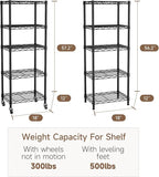 Golpart Small 5 Tier Shelves Storage Wire Shelving Unit Metal Shelf Adjustable Organizers Storage Shelving with Wheels for Bathroom Laundry Room Kitchen Pantry12”D x 18”W x 57.2”H Black
