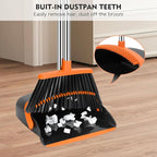 Broom and Dustpan Set, 55-in Long Adjustable Handle Broom with Dustpan Combo Set with Dustpans Teeth to Automatically Clean Hair Suitable for Home Kitchen Office Hall Lobby, Large(Black&Orange)