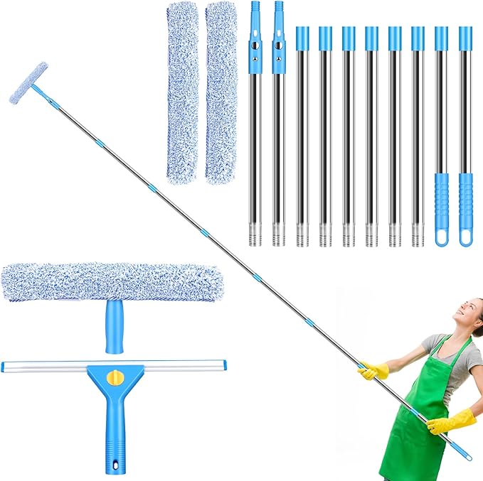 3m Window Cleaner Tool Kit with Long Handle, 35cm Window Washing Squeegee & 38cm Scrubber Cleaning Equipment for High Windows, Shower Glass, Car, RV (Blue)