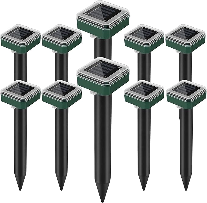 Mole Repellent Solar Powered, 10 Pack Gopher Repellent and Snake Repellent for Yard, Waterproof Ultrasonic Vibration Stakes for Outdoor Lawn Garden to Get Rid of Moles, Voles, Groundhogs, Rodents