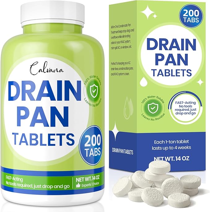 Drain Pan Tabs - 200 Tablets, AC Drain Line Cleaner, Fast-Acting Treatment for HVAC, Window Units, Mini-Splits, Dehumidifiers, Refrigerators - Lasts Up to 4 Weeks, No Residue, Water-Soluble