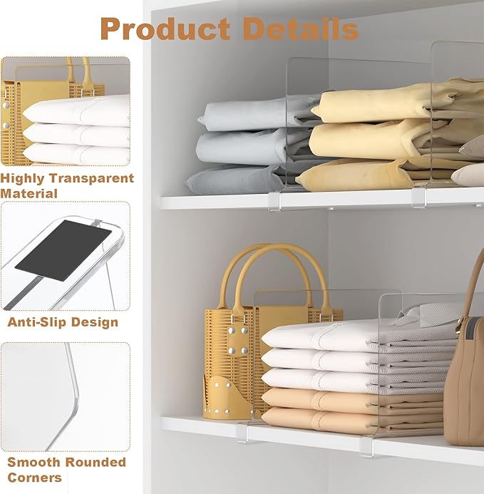 Clear Shelf Dividers for Closet Organization, Pack of 6, Acrylic Closet Shelf Divider, Purse Organizer, Handbag Organizer, Fits Clothes Bag Towel, for Bedroom Kitchen Bookshelf