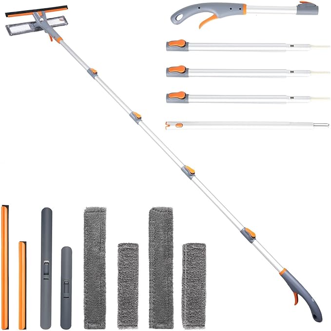 Eazer 3-in-1 Spray Window Squeegee, 76'' Window Cleaner Tool with 5-Section Extension Pole, Window Cleaning Kit with 4 Microfiber Cloth, Window Washing Equipment for Indoor/Outdoor Windows, Car Glass