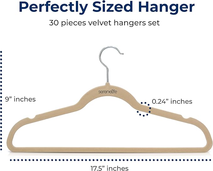 SereneLife 30 Pack Velvet Hangers - Non-Slip Felt Hangers with 360° Swivel Hook, Space-Saving, Ultra-Thin, Lightweight for Shirts, Sweaters, Hoodies, Kids Clothes & Dresses (Ivory)