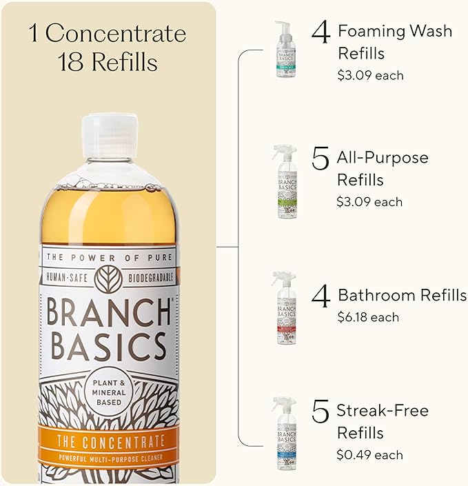 Branch Basics Ultimate Starter Kit: Natural All Purpose Cleaner, Glass, Bathroom, Foaming Hand Wash (4 Plastic Bottles + Concentrate + Oxygen Boost), Laundry Detergent, Plastic-Free Dishwasher Tablets