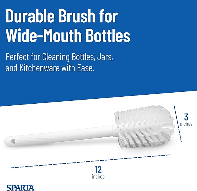 SPARTA Large Water Bottle Brush Ideal for Wide-Mouth Jars, Bottles and Tumblers, Dishwashing Tool with Handle for Home and Commercial Kitchens, Plastic, 12 Inches, White