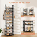 LANTEFUL 10 Tiers Shoe Rack 25 Pairs Large Capacity Tall Shoe Organizer Sturdy Shoe Storage with Two Hooks Space Saving Metal Narrow Shoe Rack for Closet, Entryway, Bedroom, Black