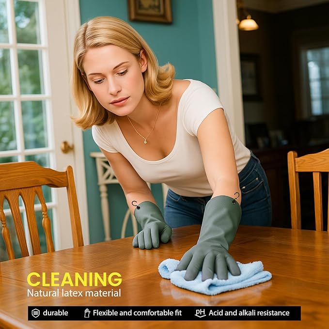 Dishwashing Gloves for Kitchen, 4 Pairs Rubber Cleaning Household Dish Washing Latex Glove with Hanging Hook (Black+Blue+Green+Grey, Medium)