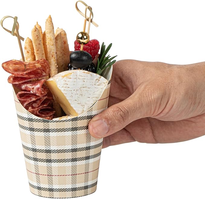 Restaurantware Bio Tek 12 Ounce French Fry Containers 100 Disposable Charcuterie Cups - Incline Design Round Plaid Paper French Fry Cups Stackable For Waffles Chips or Popcorn