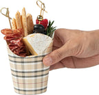 Restaurantware Bio Tek 12 Ounce French Fry Containers 100 Disposable Charcuterie Cups - Incline Design Round Plaid Paper French Fry Cups Stackable For Waffles Chips or Popcorn
