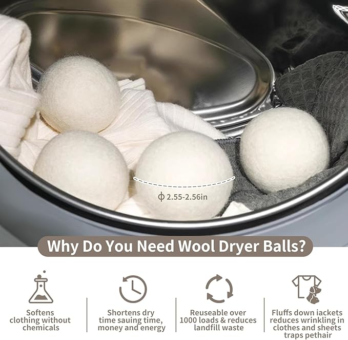 Organic Wool Dryer Balls Wool Balls for Dryer, Laundry Balls for Dryer Reusable 6P Reducing Clothing Wrinkles,Saving Drying Time and Fabric Fluffier 100% New Zealand Wool Lint Balls (24p White)