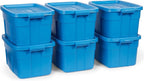 Rubbermaid Roughneck Tote 14 Gal, 6 Pack, Made in USA, Heritage Blue, Rugged Plastic Stackable Storage Bins with Lids and Handles