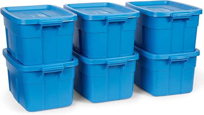 Rubbermaid Roughneck Tote 14 Gal, 6 Pack, Made in USA, Heritage Blue, Rugged Plastic Stackable Storage Bins with Lids and Handles