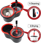 Spin Mop and Bucket with Wringer Set, 360° Spinning Mop Bucket System with 3 Microfiber Mop Replacement Heads, Adjustable Handle for Floor Cleaning (Black)