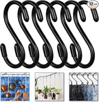 Vinyl Coated S Hook, Hanging Plants,Non Slip,Small Rubber Coated Steel Metal Black Closet S Hook for Hanging Jeans Plants Jewelry Pot Pan Cups Towels (6, 3 Inch+Black + Vinyl Coating)