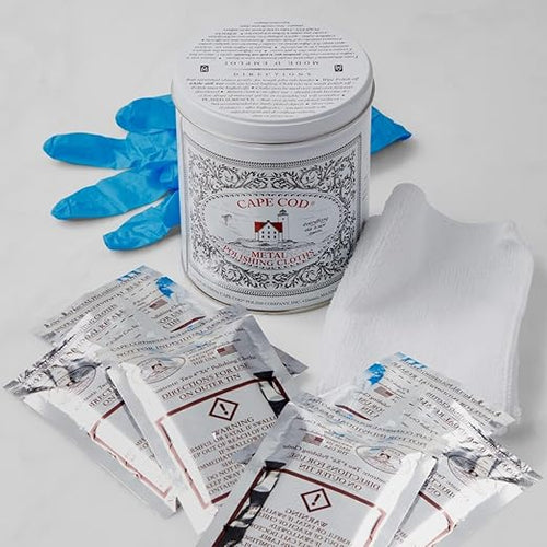 (Qty 2) of Cape Cod Polishing Metal Tin Bundle for Fine Metals | Each Tin Contains (12) 4X6 Polishing Cloths | (1) 12x12 Buffing Cloth | (1) Pair of Nitrile Gloves