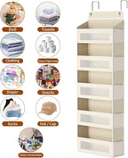 Over The Door Organizer with 5 Large Pockets, Over the Door Storage 10 Side Pocket 44 lb Load Behind Door Storage, Closet Door Organizer Hanging Shelf for Wall Bathroom Bedroom Nursery, 5-Tier Beige