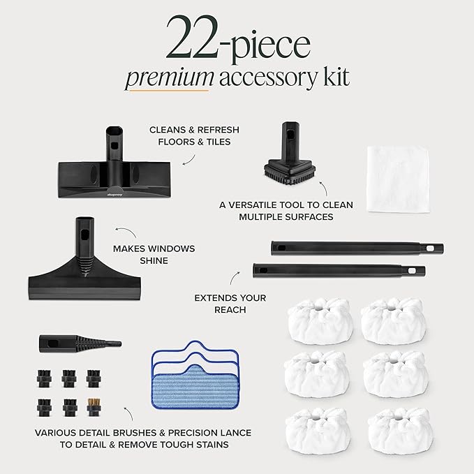 Dupray Neat Steam Cleaner with 22-Piece Accessory Kit – Versatile, Portable Steamer for Floors, Upholstery, Tiles, and More, removes 99.9% of Bacteria & Viruses* (incl. x6 Triangle Bonnets)