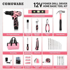 COMOWARE 12V Cordless Drill Set, Pink Hand Tool Set with Cordless Drill Driver, Complete Repair Tool Kit for Women, Storage Bag, Ideal for Office, Garden, Dorm and DIY Project