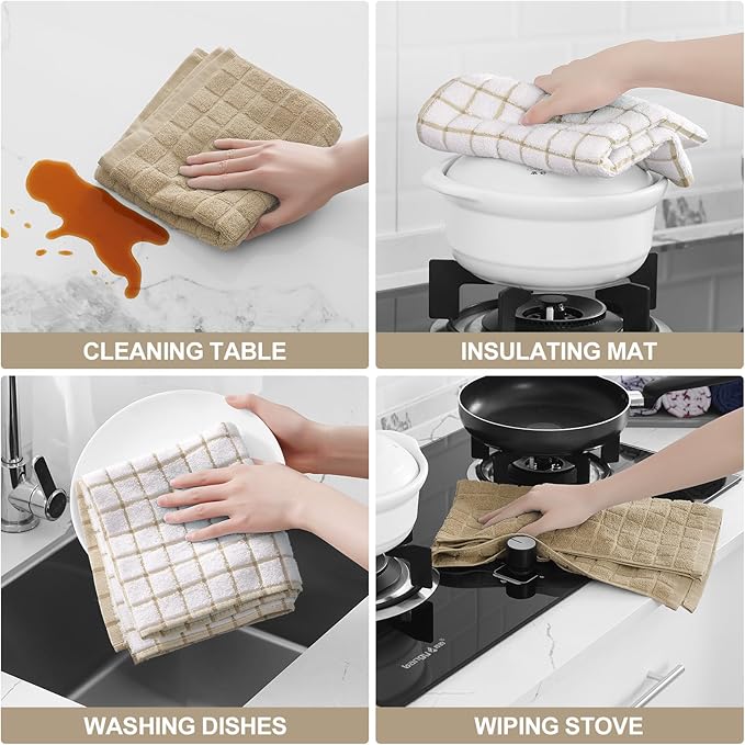 Homaxy Premium Cotton Kitchen Towels 16"x 28", Large Natural Ring Spun 390 GSM Dish Towels, Super Absorbent Terry Kitchen Hand Towels, Soft Tea Towel with Hanging Loop, Tan Check Design, 8 Pack