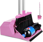 Broom with Dustpan Combo Set, 51'' Broom and Dustpan Set, Brooms and Dust Pan with Handle, Brooms with Standing Dustpans, House Broom for Pets Hair and Floor Cleaning - Pink
