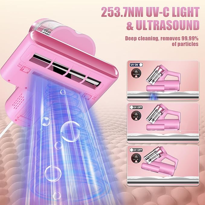 Mattress Vacuum Bed Vacuum Cleaner with 253.7nm UV-C Light, Hyper Helix Motor with 16kPa Strong Suction & 33000 RPM/Min Tapping, HEPA Filter, 149℉ Heat & Ultrasonic & Anion for Bed and Pet